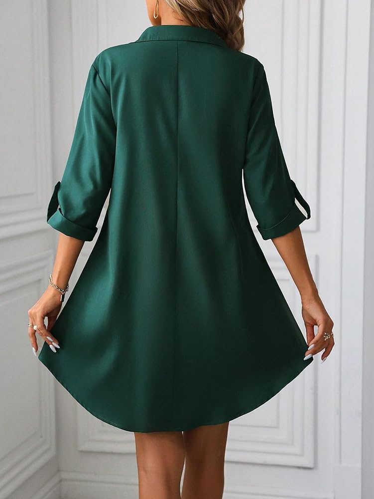 m*126【WIRROW】halfsleeveshirt dress XSGZFC Womens Flowy Long Sleeve Dress Women's Collar Rolled